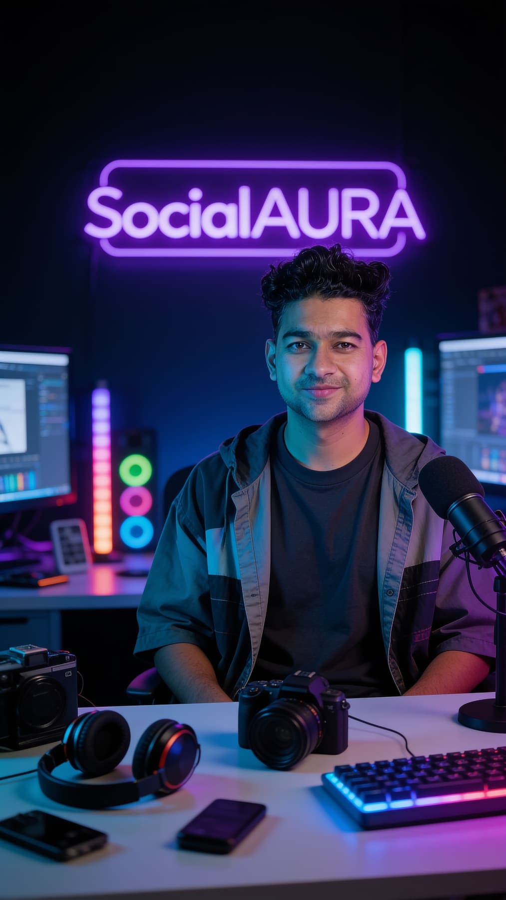 Adarsh Baghel in the Social Aura studio, neon logo behind him, camera and mic on the desk